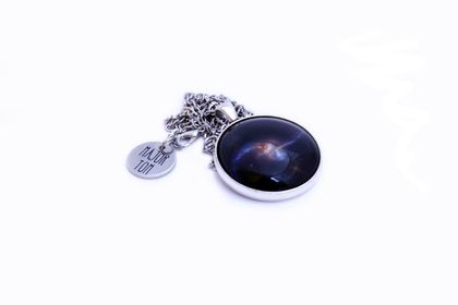 Galaxy Necklace - Black & Silver Pendant - Astronomy Jewellery - 'Two Galaxies Becoming One' Glass Cabochon Pendant